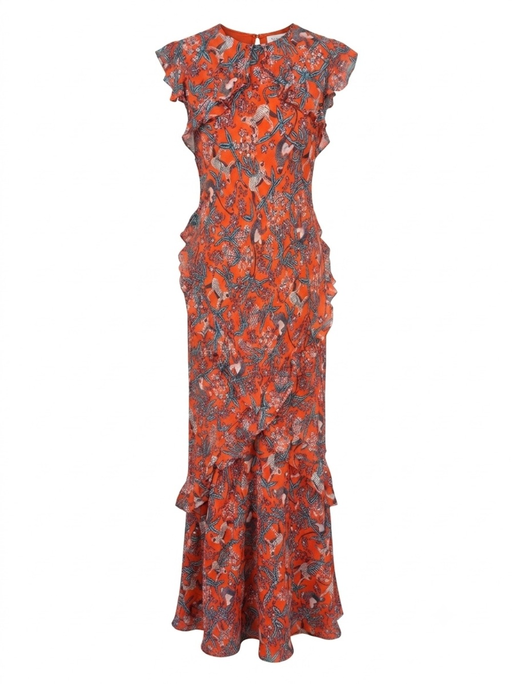 Saloni Tamara 100% Silk Ruffle Maxi Dress Orange Monkey Print Sz 6 US Read Flaws